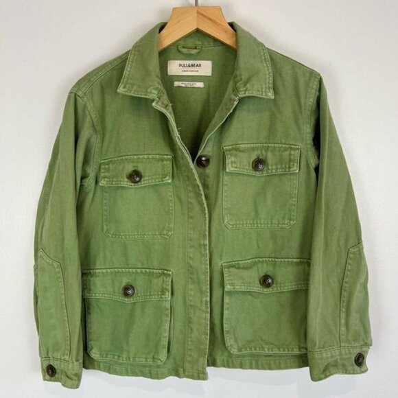 Pull&Bear Women’s XS Green Cotton Active Utility Army Jacket Coat Multi Pocket - Picture 5 of 9